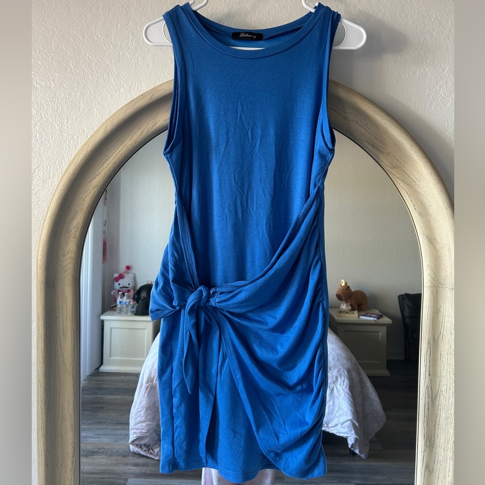 Blue Ruched Sheath Dress with Tie Front